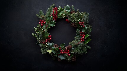 Top View of Elegant Circular Wreath with Pine Branches, Holly, Eucalyptus, Red Berries, and Pine Cones Against Dark Background for Festive Decor