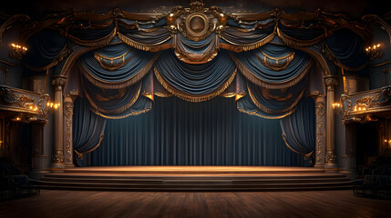 A grand stage with elegant curtains, ready for a performance.