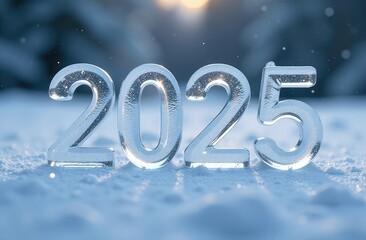 transparent text 2025 made of ice on the background of a winter landscape
