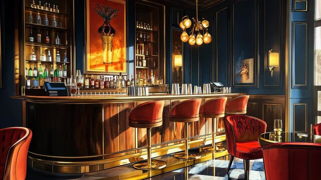 A dimly lit bar with a mahogany counter, red velvet stools, and a framed painting above the liquor shelves