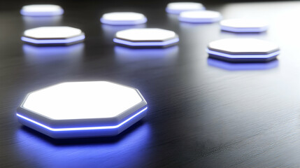 A close-up of several glowing white octagonal platforms on a gray surface.