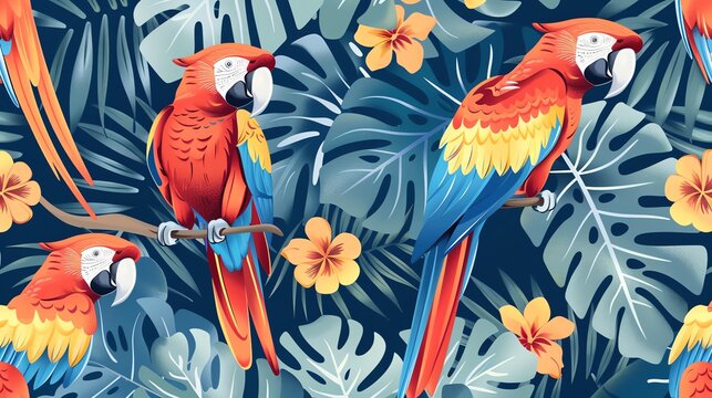 Seamless pattern with tropical parrots and leaves.