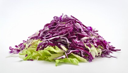a mix of shredded cabbage in a pile adding color and nutrition to dishes a mix of red and green cabbage on a white background