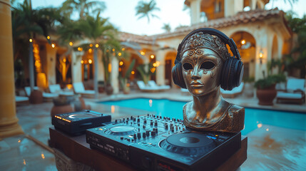 Dj setup with a decorative venetian mask and headphones by a luxury poolside. Carnival or costume party concept. 