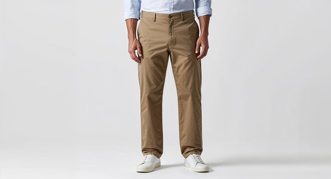 Beige chinos with straight leg fit on plain white background