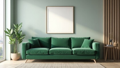 Fototapeta premium minimalistic interrior desighn with green sofa and blank canvas mockup on a wall. A 3D render of a minimalist living room with a green velvet couch and a large square picture frame on a wall