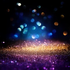 abstract glitter black gold purple and blue lights background de focused