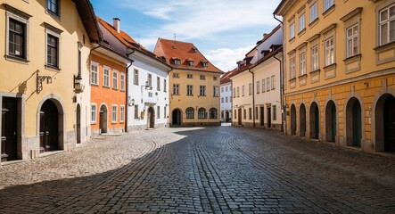 Fototapeta premium Cobblestone street winding through quiet old town square