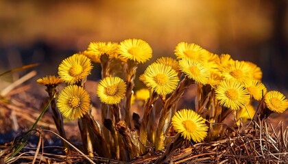 coltsfoot flowers tussilago farfara in springtime lit by sun