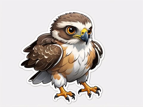 recommend clip art: Sticker a cute baby hawk stand white background generative ai