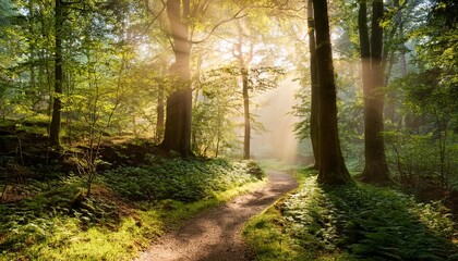 Obraz premium tranquil forest setting captured with narrow dirt path inviting exploration sunlight streams through tree canopy casting light spots on path creating warm glow