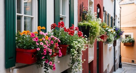 Flowers blooming in window boxes along narrow alley
