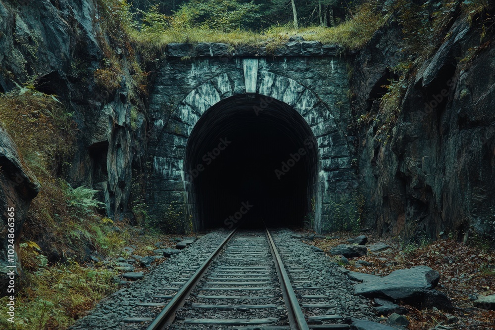 Wall mural train tunnel. old railroad tunnel entrance in stone mountain