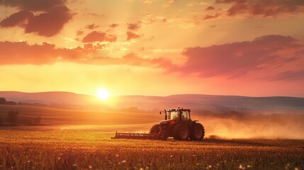 Fototapeta premium Tractor Plowing through Meadow at Sunset. Heavy Plough Cultivating Field