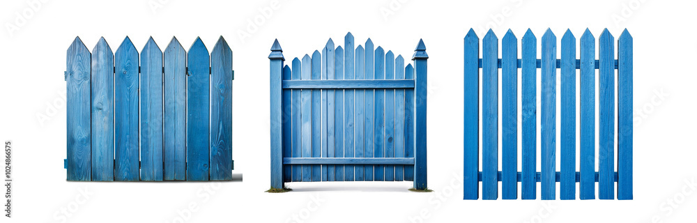 Poster three different views of a blue wooden fence with pointed tops.