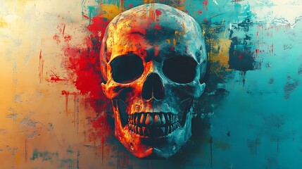 A skull reflected against a graffiti-covered surface, with bright neon patterns in red, yellow, and teal. The skull’s features are sharply defined, while its reflection is slightly warped,
