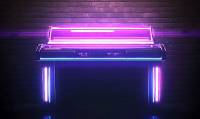 A futuristic piano with glowing neon lights against a brick wall.