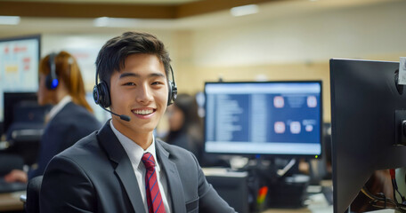 Fototapeta premium Smiling call center agent wearing a headset, providing customer support in a modern office environment with multiple computer screens