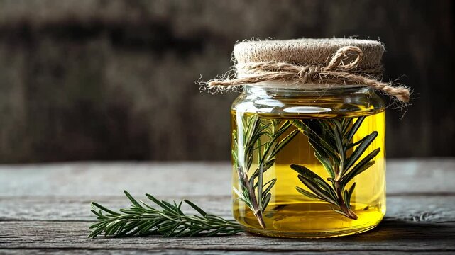 A glass jar filled with rosemary oil sits on a wooden table