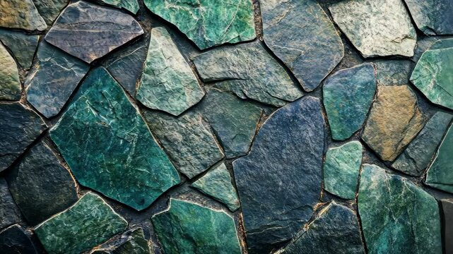 A close-up of a stone wall, featuring a mix of green and blue stones