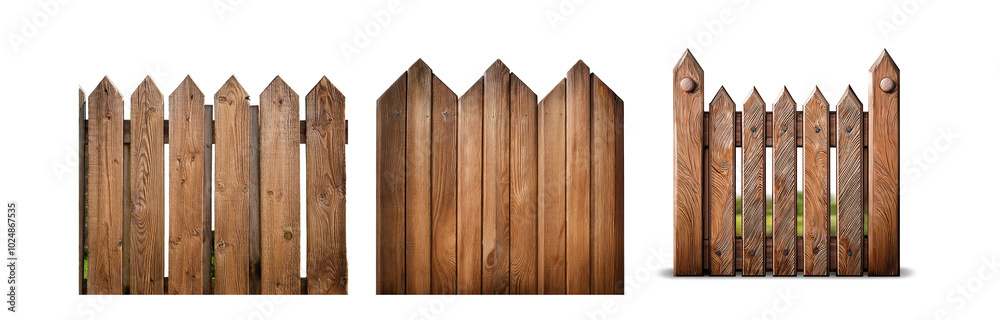 Poster three different views of a wooden fence with pointed tops.