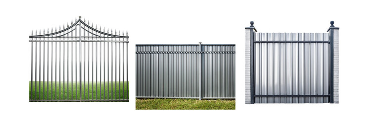 Three different metal fences isolated on a white background.