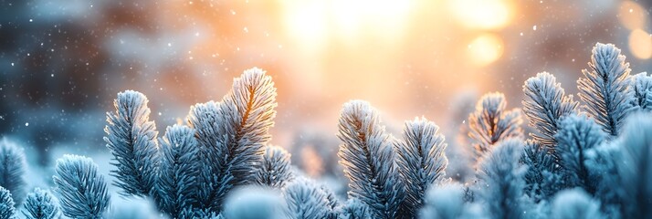 Frosty morning over a snowy forest A cool morning with a thick layer of fresh, sparkling snow covering the trunks and branches of the winter spruce trees. banner