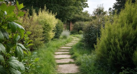 Obraz premium Overgrown garden path winding between tall shrubs
