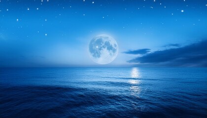 this photo illustration of a deep blue moonlit ocean and sky at night would make a great travel background for any travel or vacation purpose