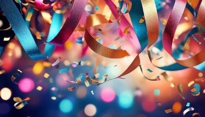 ribbons and confetti falling in a joyous celebration with vibrant colors and shimmering lights