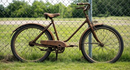 Fototapeta premium Rusted bicycle resting against chain link fence