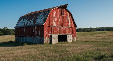 Rustic barn with peeling red paint standing in open field