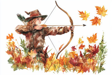 A young archer aims her bow amidst vibrant autumn leaves, showcasing a blend of nature and skill in a colorful, artistic representation.