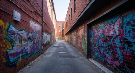 Fototapeta premium Shaded alleyway with graffiti covering brick walls
