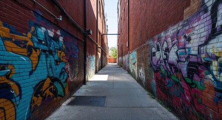 Fototapeta premium Shaded alleyway with graffiti covering brick walls