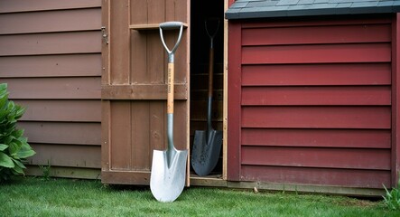 Shovel leaning against side of tool shed in yard