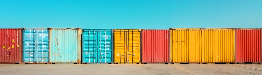 Row of colorful cargo containers against blue sky.