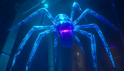 A glowing blue spider with red eyes crawls across a dark, futuristic cityscape.