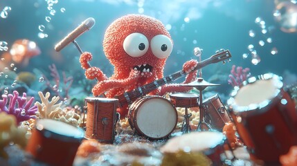 Whimsical 3D Clay Octopus Musician Performing Underwater with Multiple Musical Instruments Like Drums and Guitar