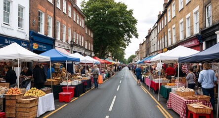 Fototapeta premium Street market stalls set up along the main road