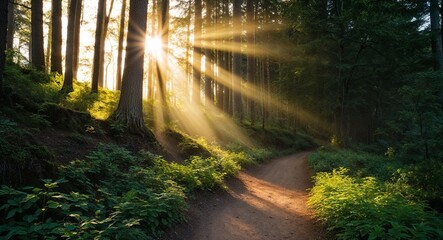 Obraz premium Sunlight filtering through trees along forest path