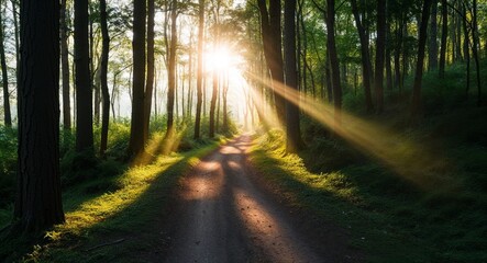 Obraz premium Sunlight filtering through trees along forest path