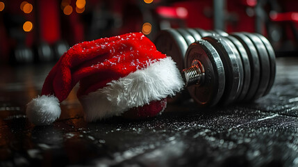 A festive scene with a Santa hat beside a dumbbell in a gym.