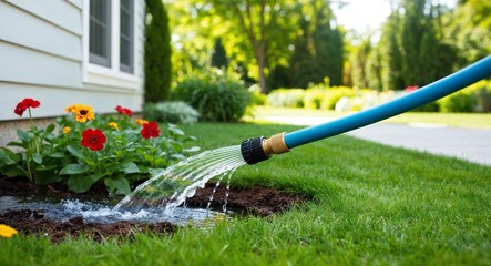 Water running from garden hose into flower bed near house