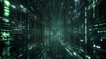 Obraz premium Exploring a digital landscape with glowing data streams in an abstract virtual environment