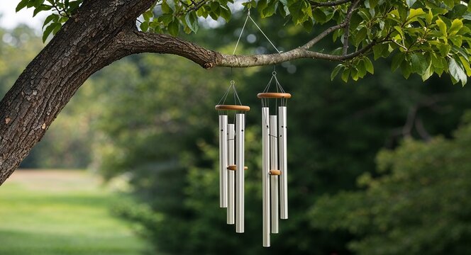 Wind blowing through wind chimes hanging from tree branch