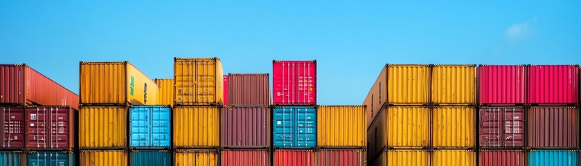 Fototapeta premium A colorful wall of shipping containers stacked high against a bright blue sky.
