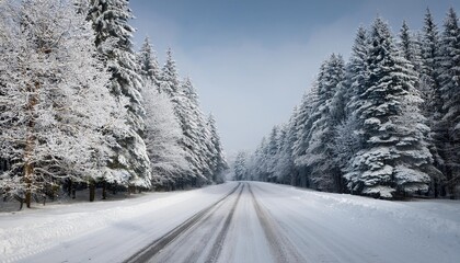 Naklejka premium winter road and trees covered with snow