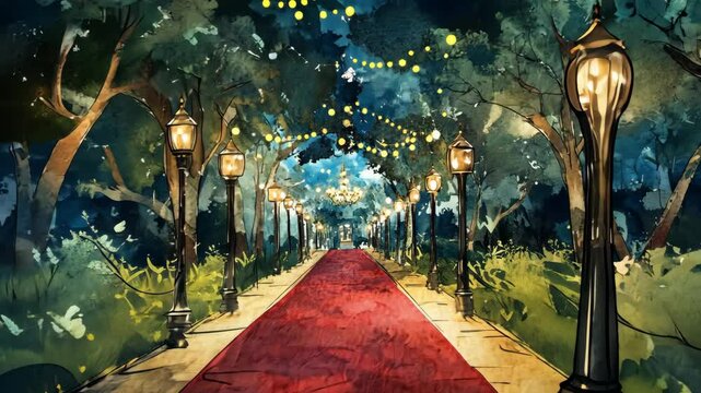 A red carpet stretches through a path lined with lampposts and trees, illuminated by string lights under a starry night sky