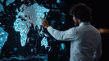 A professional analyzing a digital map with interactive data, highlighting geographical information with a focus on technology.